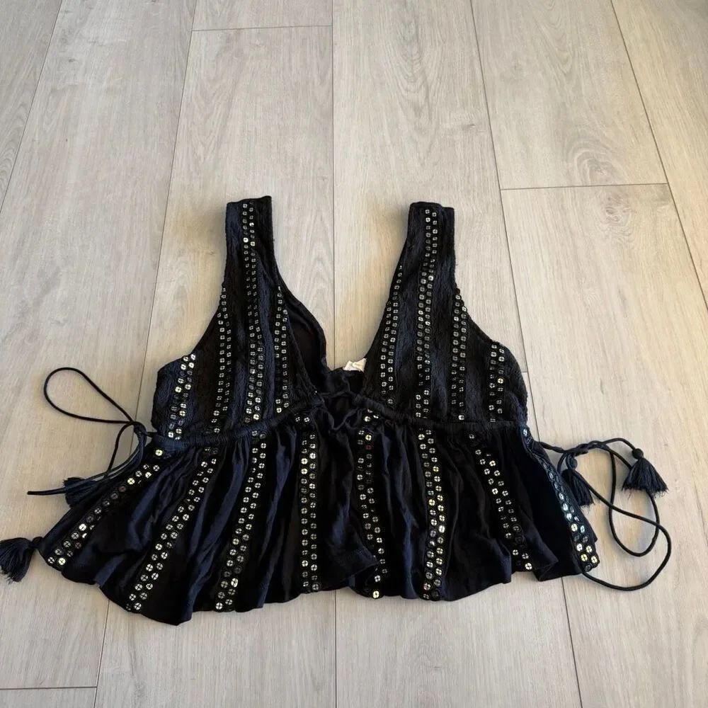 Anthropologie Black Sequin V Neck Top size S